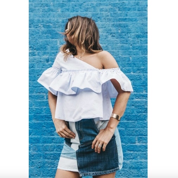 New ZARA Off The Shoulder Asymmetric Blue Striped Ruffled Poplin Top Blouse - Picture 2 of 16